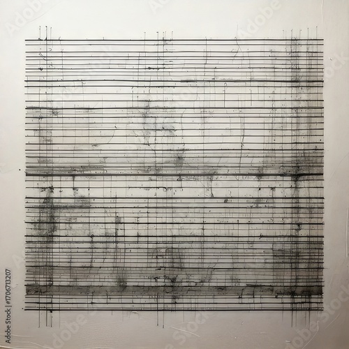 Abstract artwork with horizontal lines and ink splatters