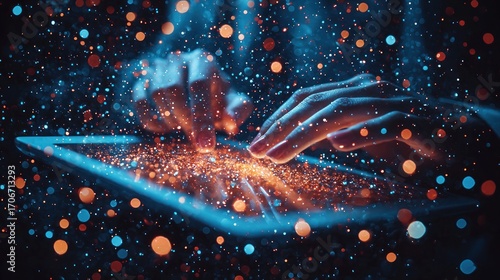 Hands interacting with glowing tablet screen