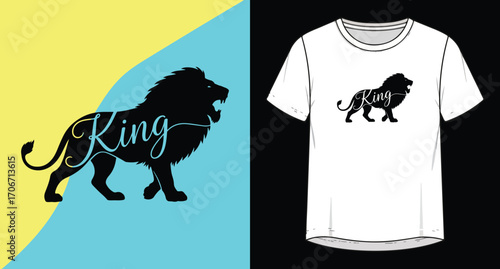 Silhouette of a majestic lion with the word king integrated into its mane on a split background