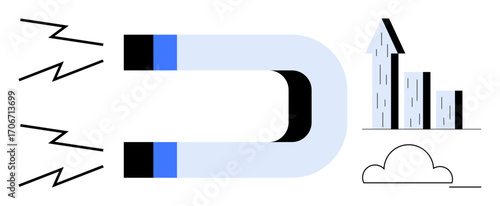Magnet drawing attention as bar graphs hint at growth and success. Lightning sparks add energy. Ideal for business growth, success, innovation, marketing, attraction, analytics, simple landing page