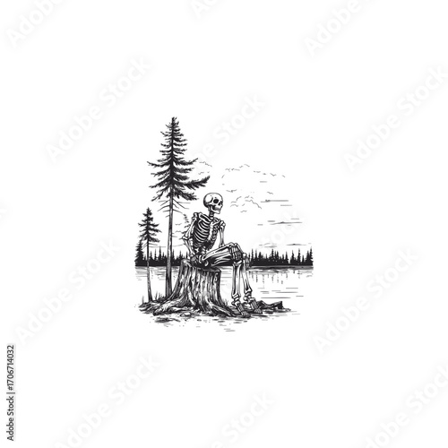 vector illustration in an engraving style, depicting a full skeleton sitting calmly on a chopped tree stump near a lake or river, with pine trees in the background