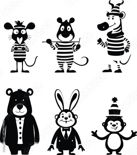 Silhouette illustration of eight cartoon animals including a lion, elephant and a monkey in black
