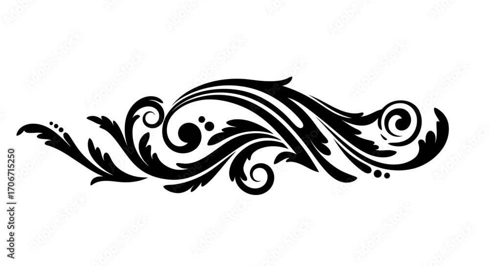 Fototapeta premium Elegant black flourish vector design with swirling curves and decorative leaf elements, perfect for graphic design accents.