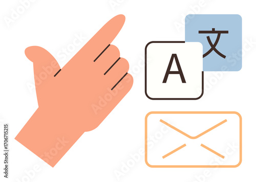 Hand pointing to letters, translation icon, and email signifying language, communication, and technology. Ideal for language learning, communication apps, global services, messaging tools