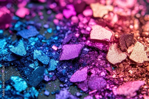 Crushed eyeshadow in vibrant blues, purples, pinks, and gold, macro shot. Ideal for beauty blogs, makeup tutorials, and cosmetic ads.