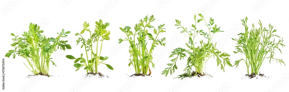 Obraz premium Five Young Carrot Plants in Soil, Isolated on White Background