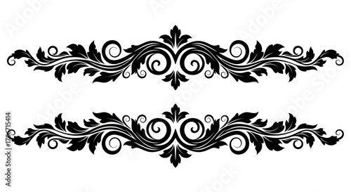 Elegant black and white vector illustration featuring a symmetrical flourish design, perfect for adding a decorative touch to invitations or graphic projects.