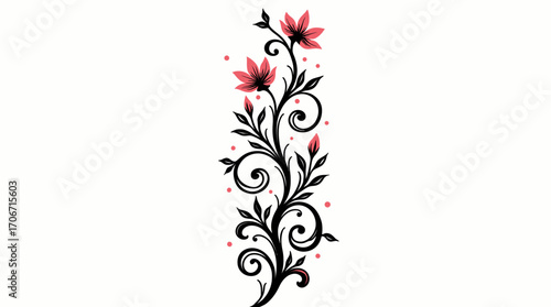 An elegant vertical floral flourish design featuring swirling black vines, delicate leaves, and vibrant red blossoms, isolated on a clean white background.