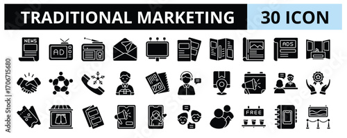 30 Traditional Marketing Glyph Icons Vector - Print Ads, Newspaper Ads, Sponsorship, Telemarketing, Event Marketing, Free Sample, Face to Face Meeting