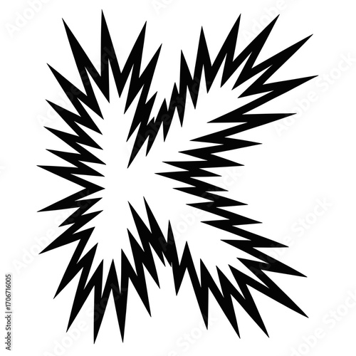 Dynamic black abstract design featuring jagged edges and sharp points shaped like the letter K