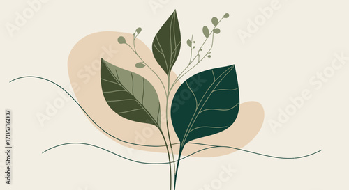 Elegant vector illustration featuring a botanical flourish with green leaves and subtle beige abstract shapes, perfect for adding a natural touch to designs.