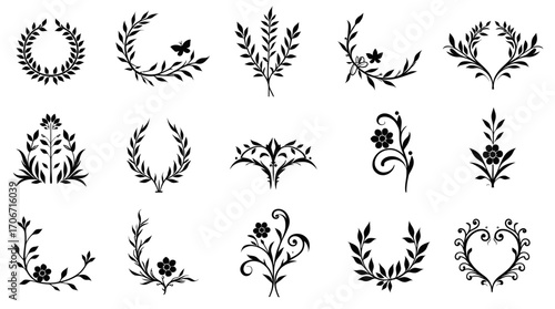 A collection of elegant black and white flourish vector graphics, perfect for adding a touch of sophistication to invitations, logos, and various design projects with a classic, timeless appeal.