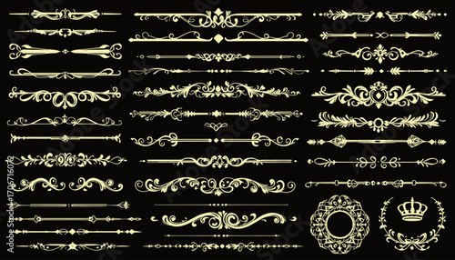 Elegant golden ornate dividers and decorative elements with flourishes and swirls on a black background, perfect for design.