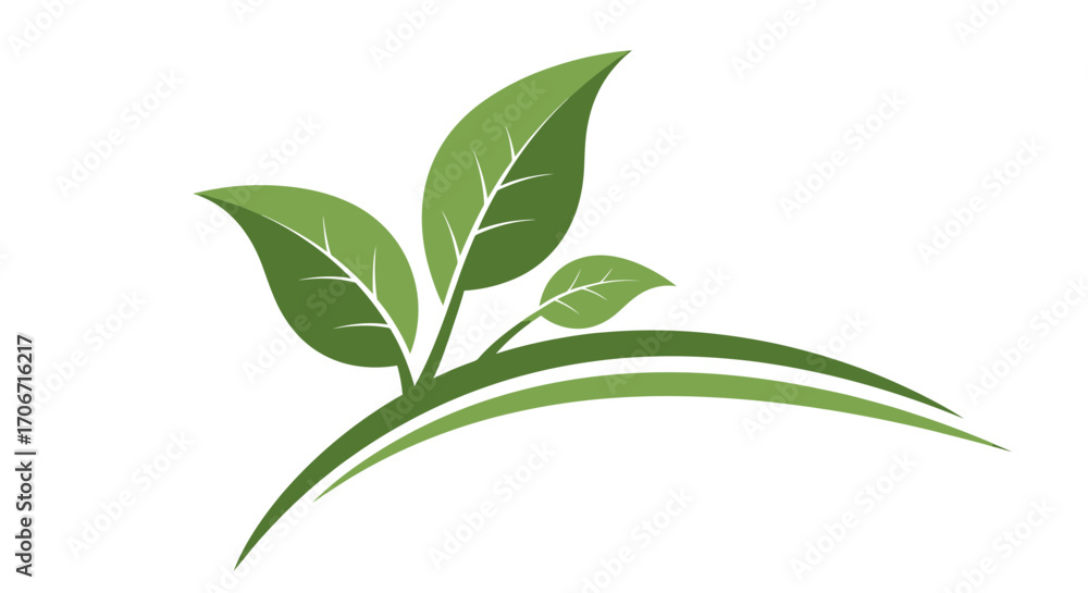 Fototapeta premium Elegant vector illustration of green leaves sprouting from a curved line, symbolizing growth, natural beauty, and environmental consciousness, perfect for branding or design projects.