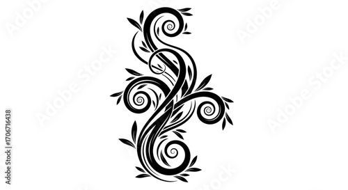 Elegant black and white vector flourish design with swirling floral elements, perfect for adding a touch of sophistication to any creative project or design element against a pristine white backdrop.