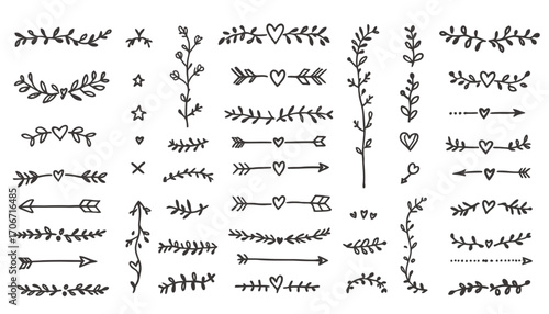 Elegant vector flourishes and dividers, featuring botanical elements and heart accents, perfect for adding a touch of romance to design projects and invitations.