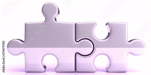 Two metallic puzzle pieces interlocking, isolated on white background