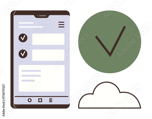 Smartphone displaying a task list with green check marks, a green circle with a large check mark, and a cloud. Ideal for productivity, task tracking, cloud services, organization, technology