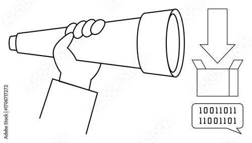 Hand holding a telescope, focusing on a box with binary code in speech bubble and downward arrow. Ideal for data analysis, innovation, discovery, research, storage, technology future potential. A