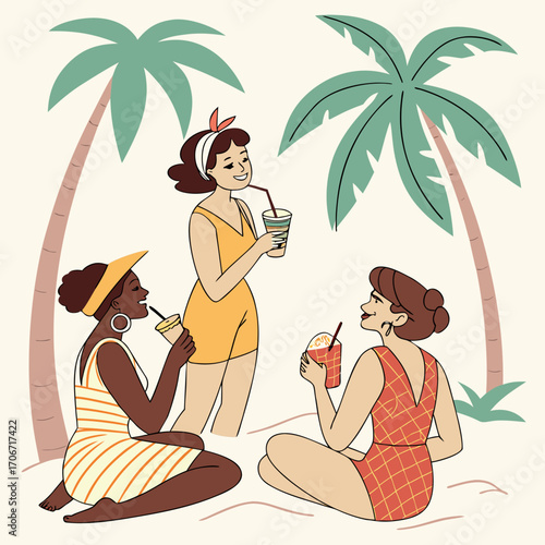 Women in stylish beachwear holding tropical drinks, sitting on the sand with palm trees in the background.