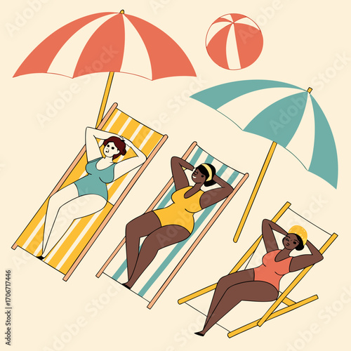 Women in bikinis and swimsuits sunbathing on sun loungers under umbrellas, relaxed and smiling, tropical climate, diverse ethnicities.