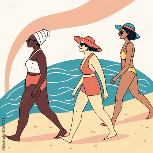 Women in beachwear walking barefoot on the sand, various body types and ethnicities, wearing swimsuits, hats and sunglasses, ocean in the background.
