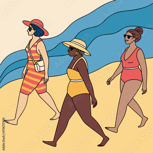 Women in beachwear walking barefoot on the sand, various body types and ethnicities, wearing swimsuits, hats and sunglasses, ocean in the background.