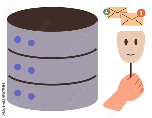 Stack of database servers, hand holding a mask for identity, and email notifications. Ideal for cybersecurity, data privacy, cloud storage, phishing awareness, fraud prevention, IT concepts simple