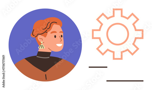 Portrait of a person with short red hair in a circular frame beside a gear icon for settings. Ideal for user profile, technology, customization, account settings, team, software, simple flat metaphor
