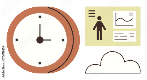 Large clock representing time management alongside analytics panel with human figure, curved graph, data lines. Cloud element emphasizes digital storage, abstract thinking. Ideal for time