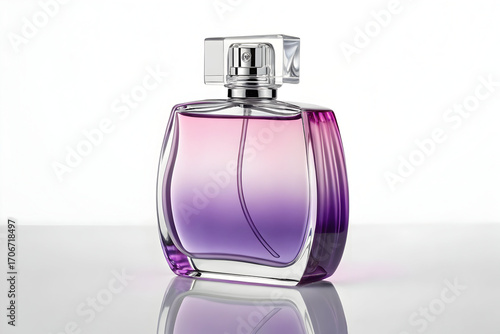 Illustration of elegant perfume bottle with a gradient of pink and purple isolated on white background reflecting light