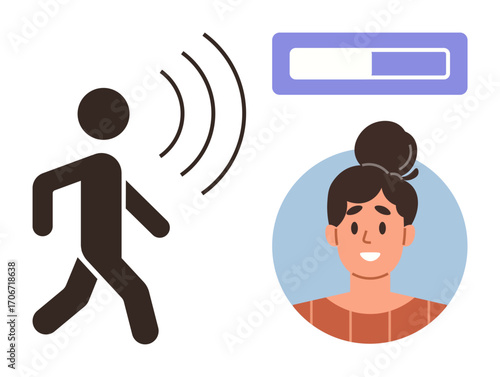 Person walking with sound waves, smiling woman s profile in a circle, and progress bar. Ideal for communication, progress, recognition, technology, user interaction, accessibility minimalistic