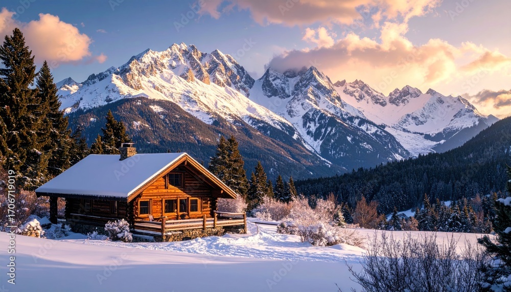 Fototapeta premium Snowy mountain cabin landscape