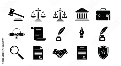 A set of black solid glyph icons for law and justice, including a gavel, scales, courthouse, legal documents, and a handshake.