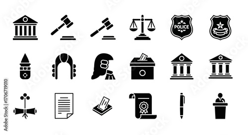 Solid black glyph icon set for law, justice, police, and government, including gavel, scales, and courthouse.