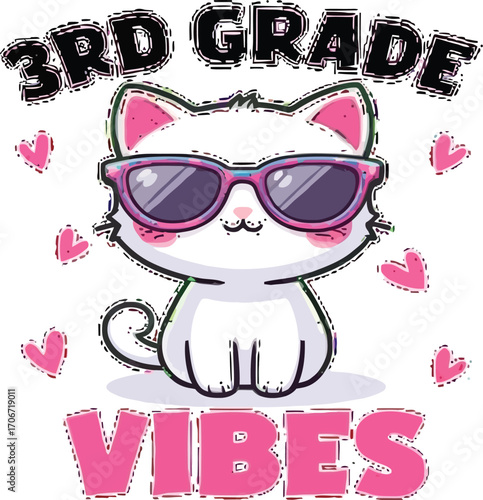 Cool cat sporting sunglasses radiates awesome 3rd grade vibes with playful hearts and vibrant lettering