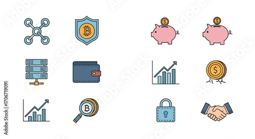 Set of Flat Design Cryptocurrency Icons and Business Graphics.