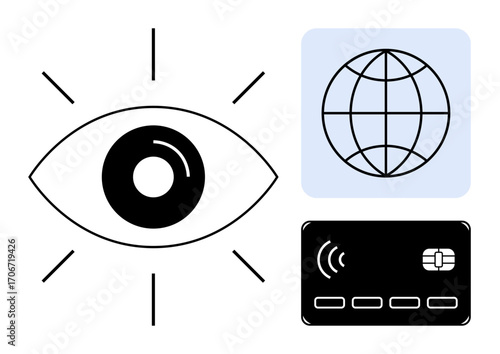 Enlarged eye with radiating lines, globe grid, and contactless credit card symbolize vision, global network, and secure digital transactions. Ideal for technology, finance, connectivity
