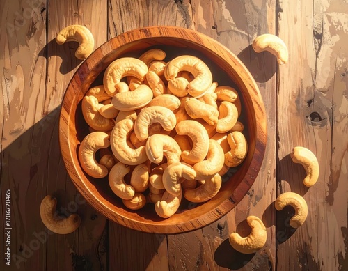 Roasted cashew nuts in wooden bowl with pile of cashew nuts on the table. top view.