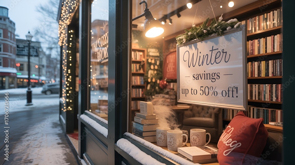 Naklejka premium Cozy bookstore window display with a winter discount sign.