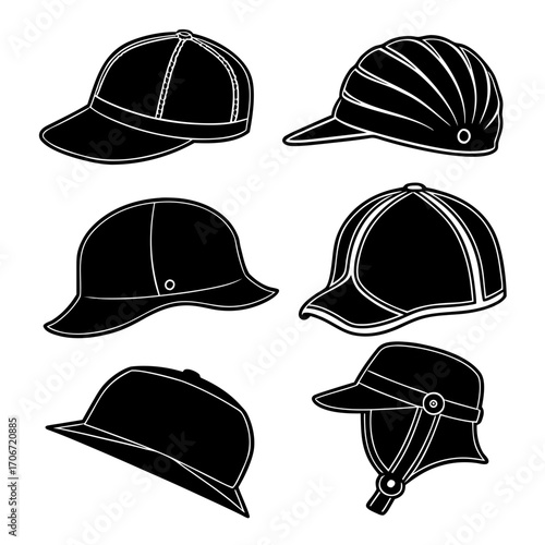 Collection of six black and white silhouette illustrations of various hats and caps including baseball caps a bucket hat and a riding helmet displayed against a white background
