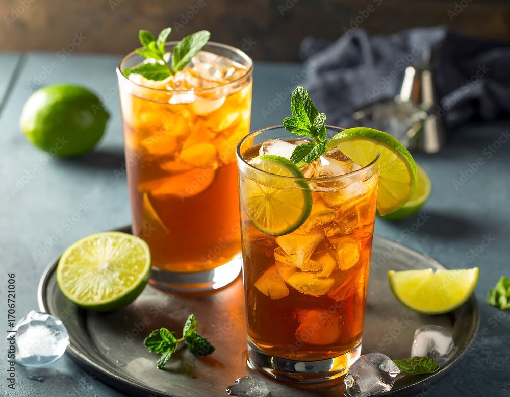 Fototapeta premium Two glasses of iced tea with lime and mint
