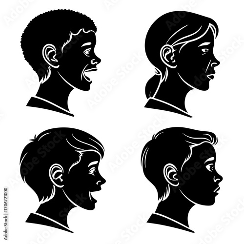 Diverse children silhouettes in profile showcasing various expressions and hairstyles symbolizing youth and individuality in a graphic art style
