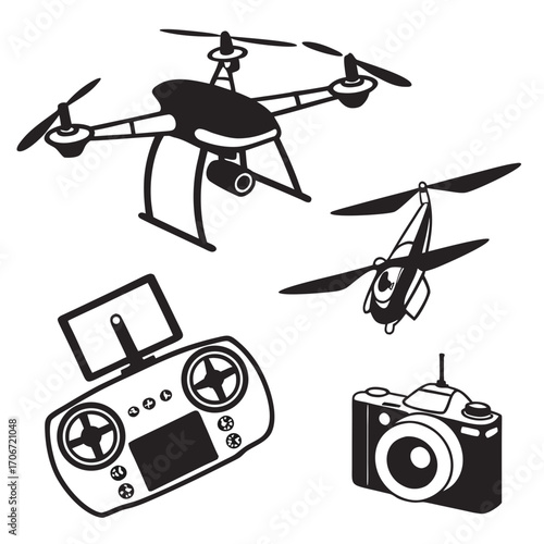 Collection of drone and helicopter icons with remote control and camera for aerial photography and videography