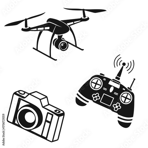 A black and white illustration featuring a drone with a camera a camera and a remote control representing aerial photography and remote control technology