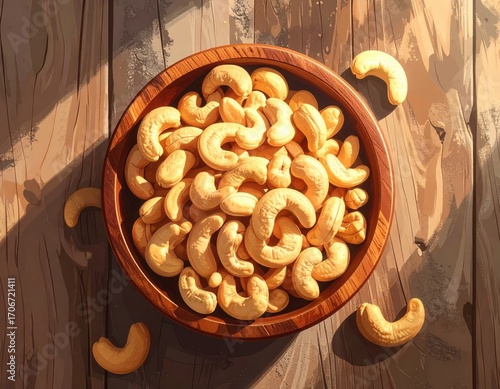 Roasted cashew nuts in wooden bowl with pile of cashew nuts on the table. top view.