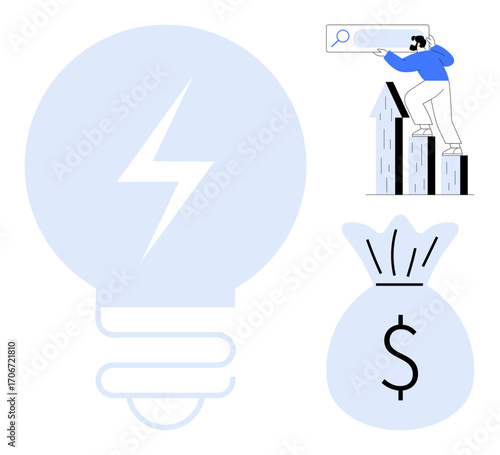 Light bulb with lightning bolt, man searching on bar chart, and money bag. Ideal for innovation, strategy, entrepreneurship, success, goal setting finance creative growth. Simple flat metaphor