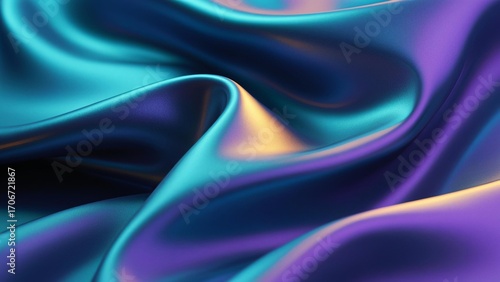 Wallpaper Mural Photorealistic close-up of flowing silk fabric in teal, deep blue, and purple gradients with soft waves and subtle yellow highlight Torontodigital.ca