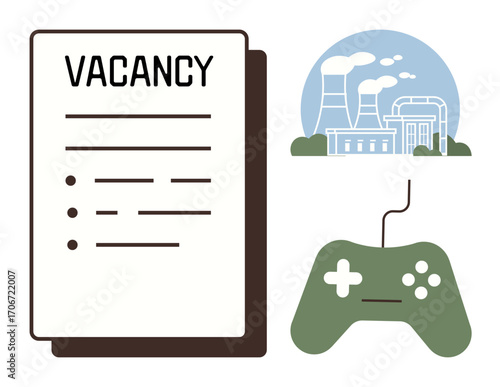 Job listing beside a game controller and factory plant, promoting career, technology, industry, entertainment. Ideal for employment, gaming, recruitment, industry innovation creativity simple flat