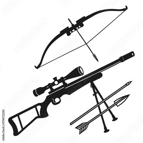 black bow and arrow, rifle, hunting equipment clip art preview